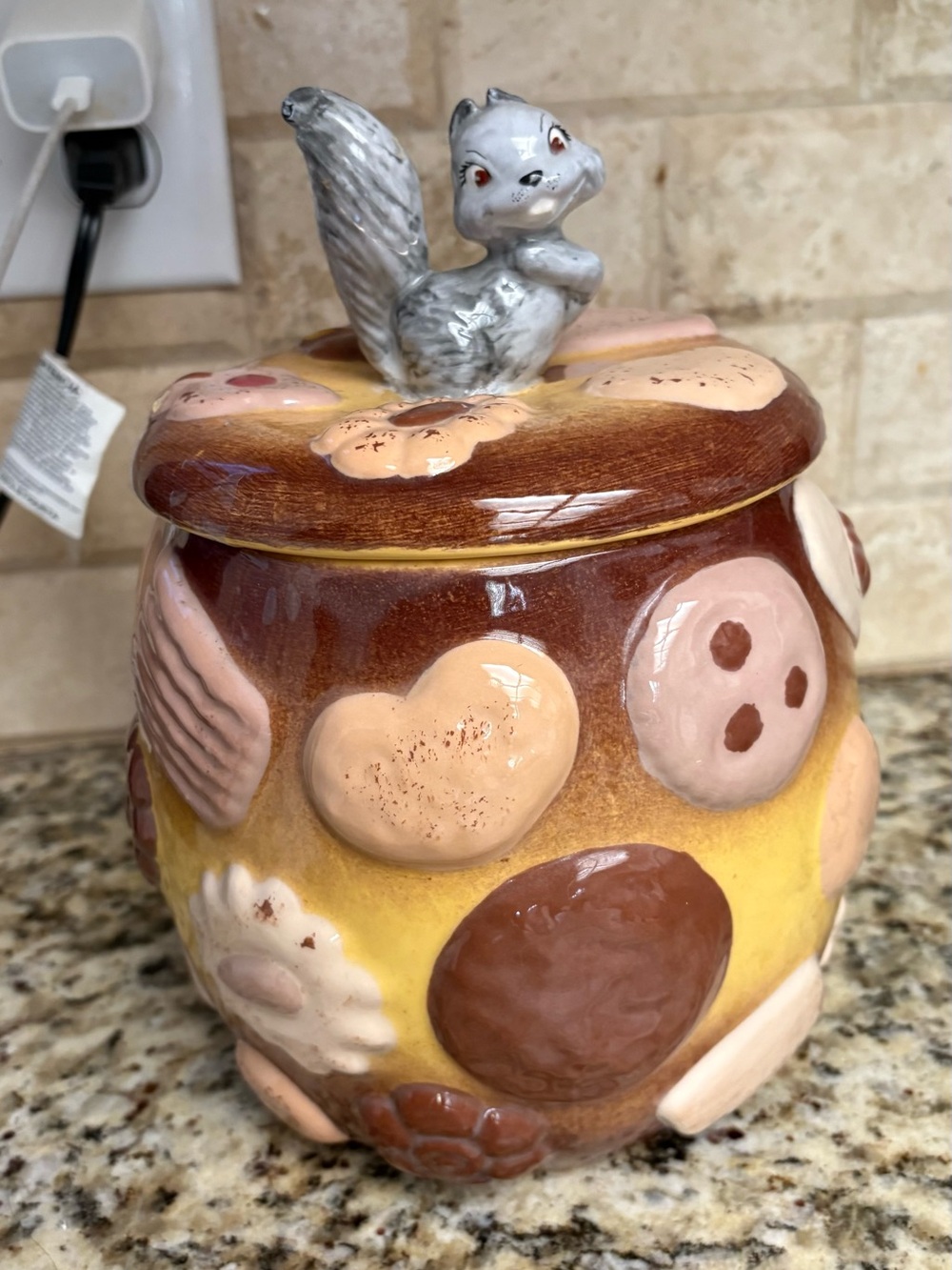 Decorative Ceramic Cookie Jar with Gray Squirrel Lid - Yellow and Brown